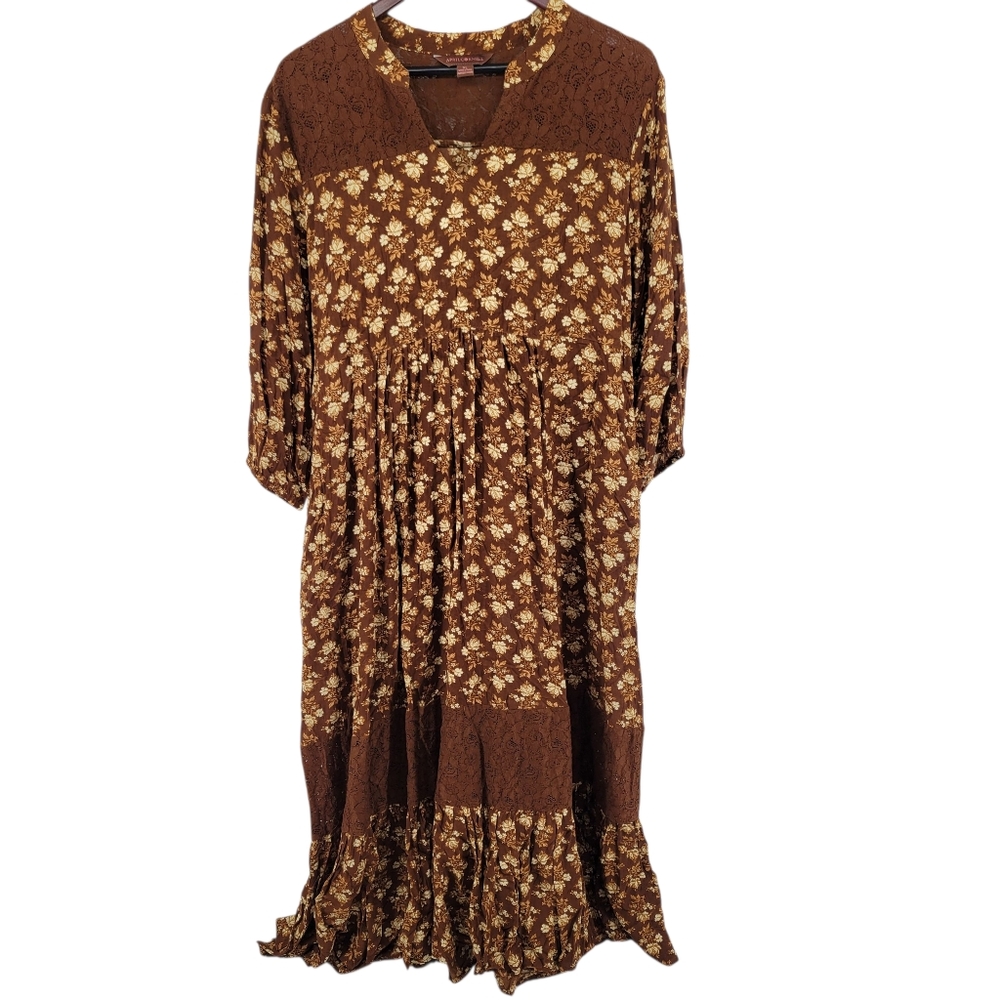 April Cornel Floral Brown Cottagecore Dress With Lace Detail  Size X Large